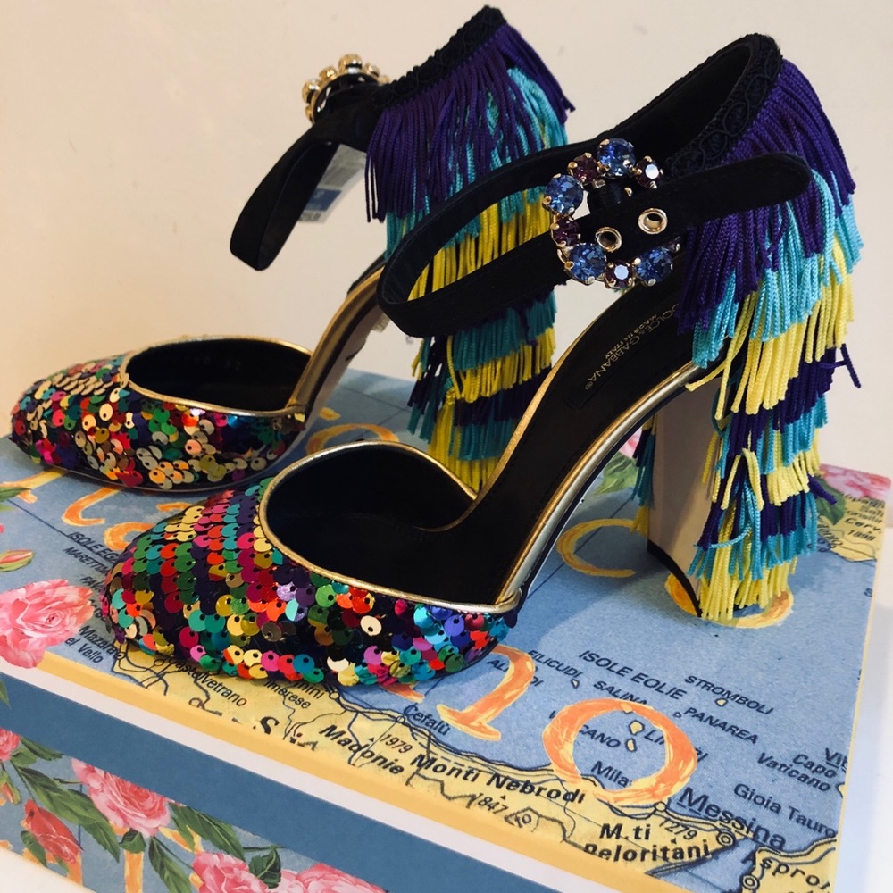 Dolce Gabbana Sequined and fringed Mary Janes 7